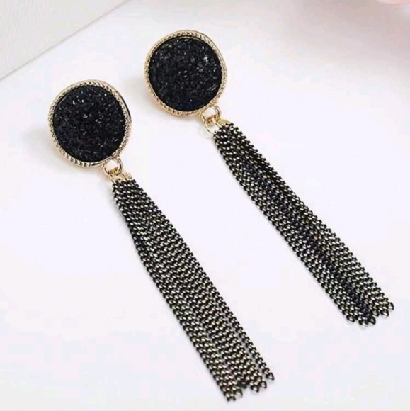 Modcloth Jewelry - Stunning Black Rhinestone & Long Chain Tassel Dangle Drop Earrings New!
